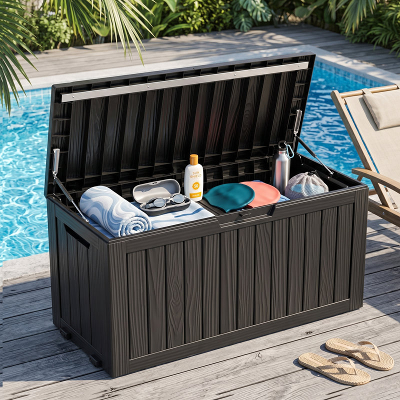 Boîte de rangement 90 gallons avec siège, boîte de rangement en résine imperméable et verrouillable, Black