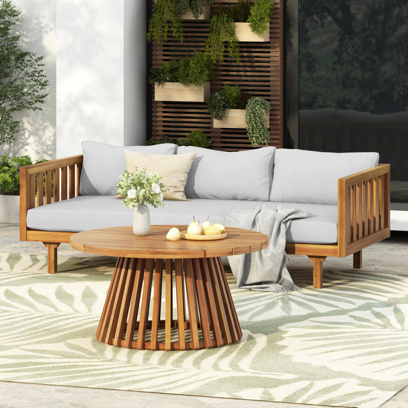 Acacia Wood Patio Furniture Set,Outdoor 3 Seater Daybed(With Water Resistant Thick Cushions)And Round Coffee Table, Teak