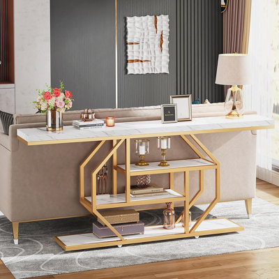 Console 70,9 pouces extra longue en faux marbre avec rangement à 4 niveaux, cadre doré moderne pour le salon et le couloir