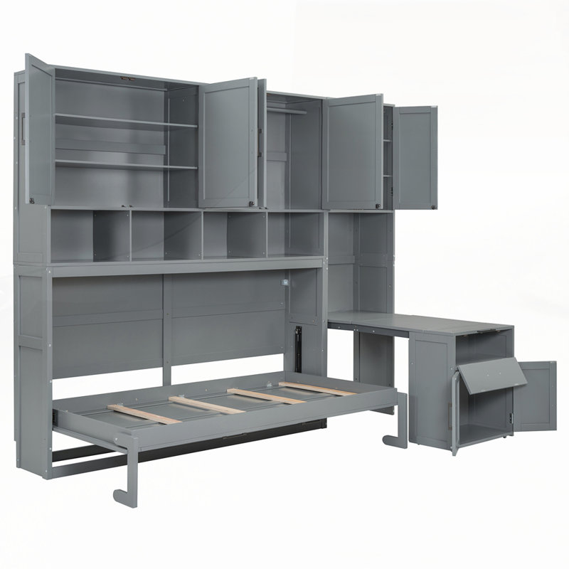 Lit escamotable simple avec placard et tiroirs, Grey