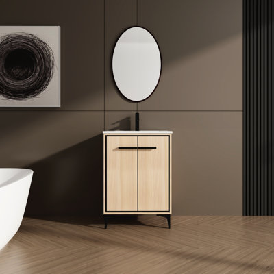 Base de meuble-lavabo de 24 po, lavabo et armoire de rangement, fabrication en bois d'ingénierie, barrière, instructions d'assemblage faciles, mode américaine, chêne couleur tactile 24 po avec lavabo, contenant, évite, processus