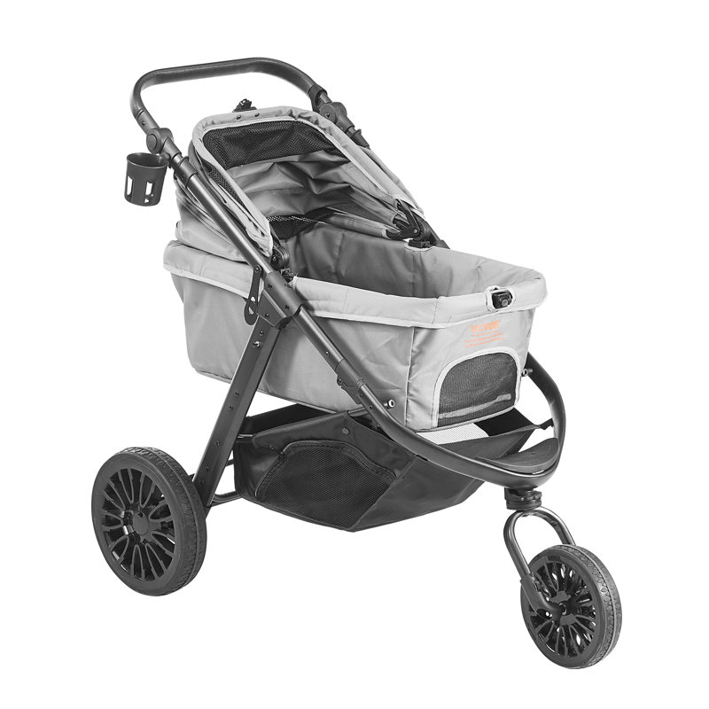 Gray Large Pet Stroller with Adjustable Handle and Storage