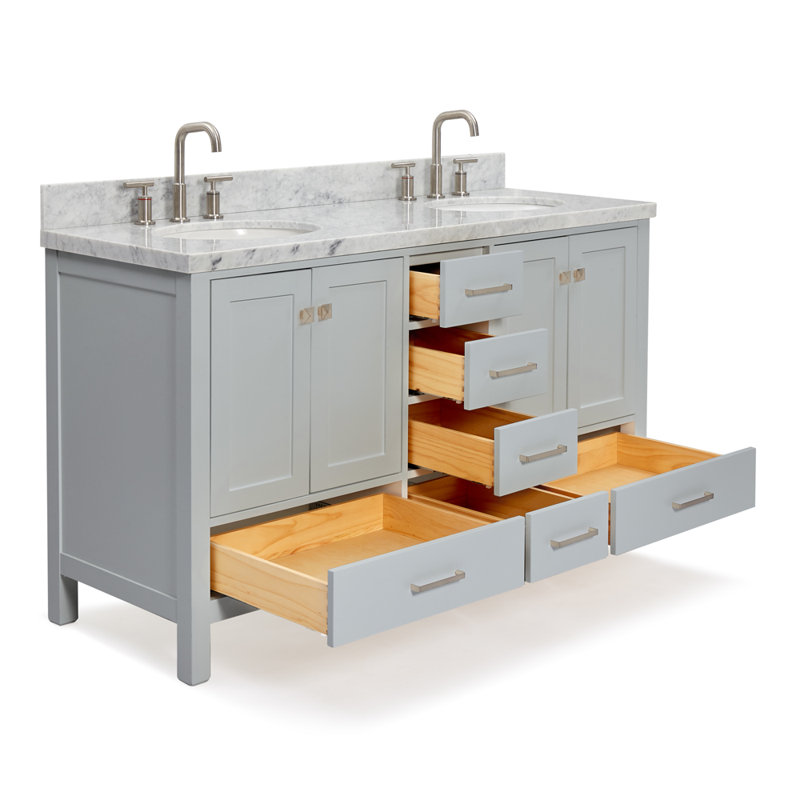 Ensemble de meuble-lavabo double 61 po Cambridge, Gris / Nickel brossé, Ovale