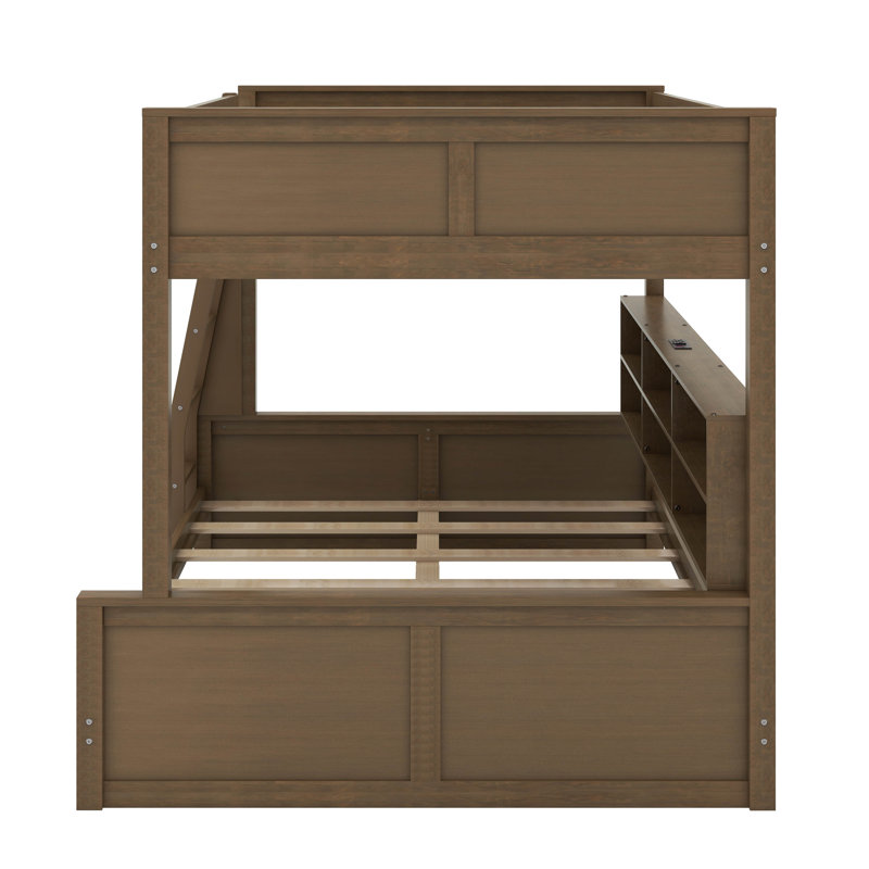 Lit superposé avec armoires de rangement et ports USB, Double TG sur grand, Couleur de bois antique
