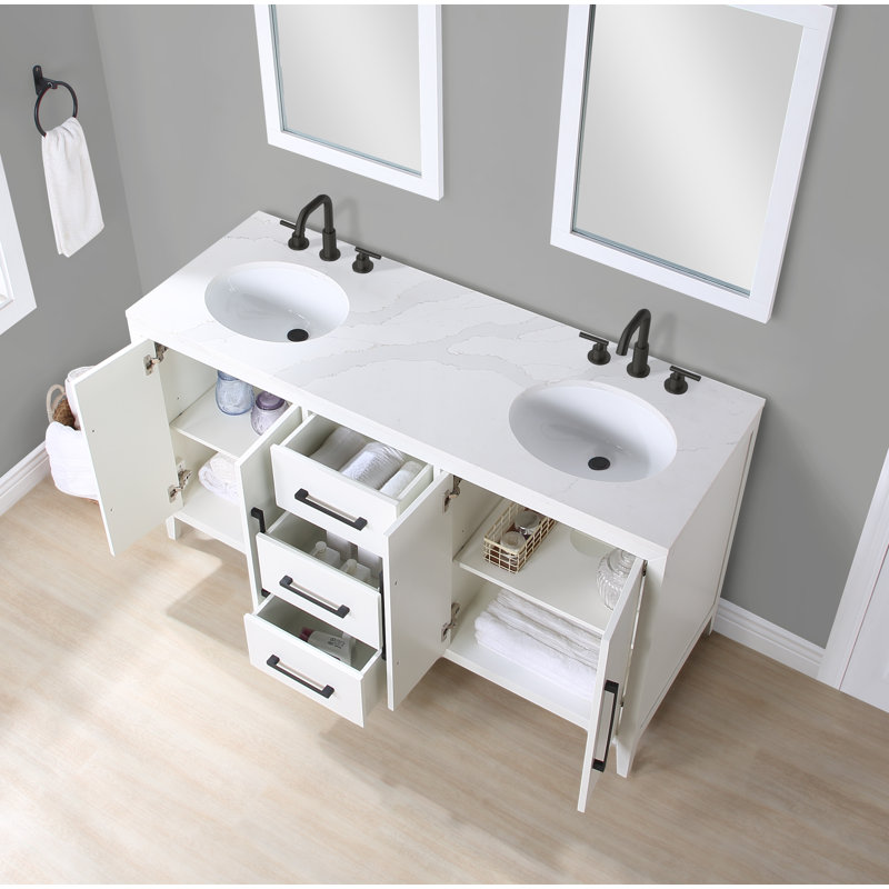 Adrienne 60" Double Bathroom Vanity with Quartz Top, White