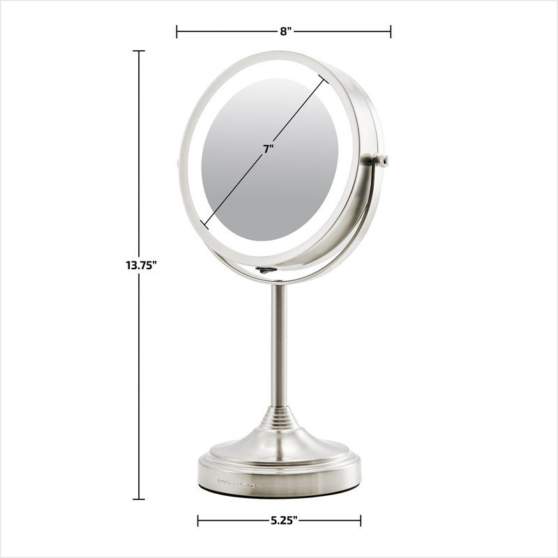 OVENTE 7'' Lighted Makeup Mirror with 1X/7X Magnification, Cordless Tabletop Mount Vanity Mirror with 360° Swivel Design & Double Sided Glow Cosmetic White LED Ring Light, Nickel Brushed MCT70BR1X7X
