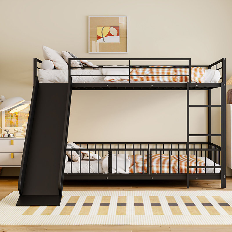 Metal Bunk Bed with Slide and Guardrails, Twin Over Twin, Black