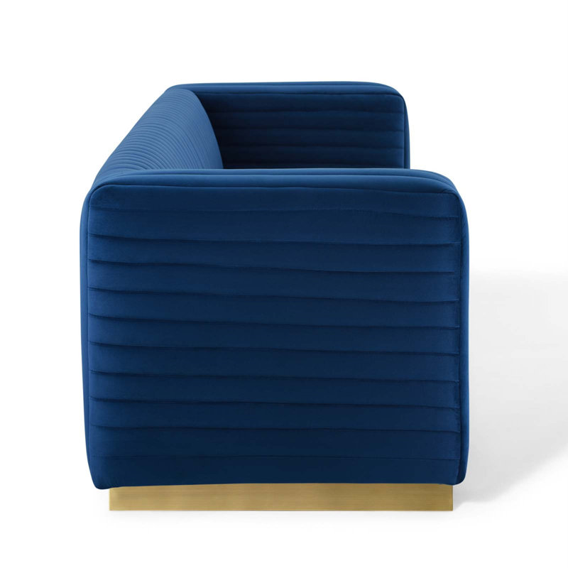 Navy Velvet Tufted Tuxedo Sofa with Gold Stainless Steel Base, 96.5"