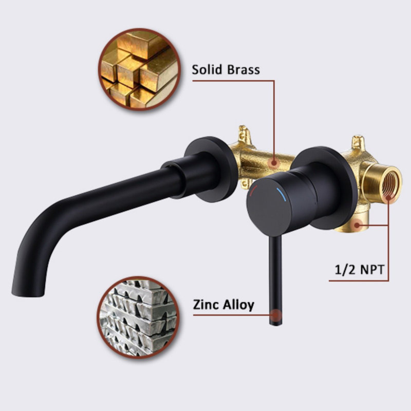 Wall Mount Faucet For Bathroom Sink Or Bathtub, Single Handle 2 Holes Brass Rough-In Valve Included, Matte Black, Matte Black