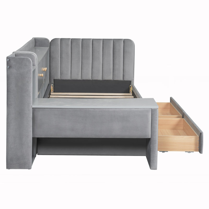 Lit de jour simple tapissier avec tiroirs, gris
