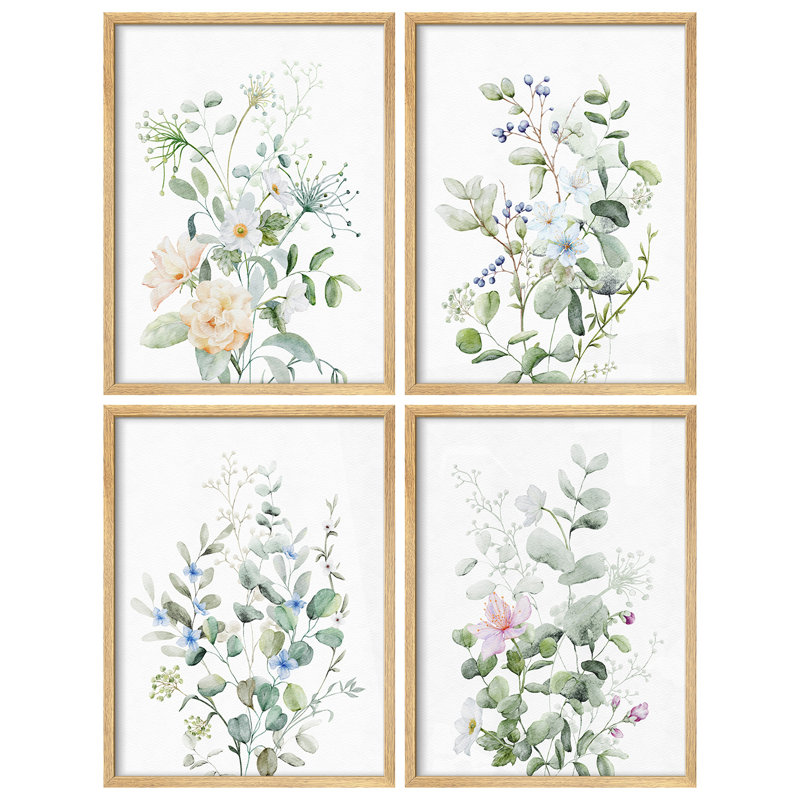 "Fleurs sauvages vertes, art floral moderne, impressions encadrées, affiches, petit art mural pour la salle de bain" - 4 pièces