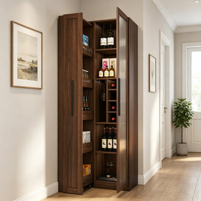 Tall Bar Cabinet With Multi-Functional Pull-Out Multi-Tier Storage Shelf,Wine Rack, Storage Cabinet With Glass Doors,Wheels