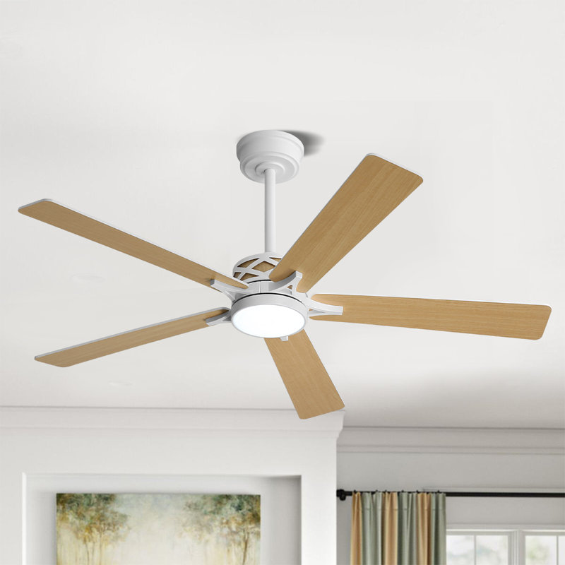 Portico 5 Blades Indoor Ceiling Fan with Light Kit and Remote, White, 52", Wood Grain