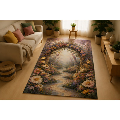 "Ulta Light Weight" 5'x7' Enchanted Floral Arch Garden Area Rug, Soft Low Pile Indoor Rug with Non-Slip Silicone Backing for Living Room, Bedroom, Nursery, Family Room, Kids & Pets, Purple