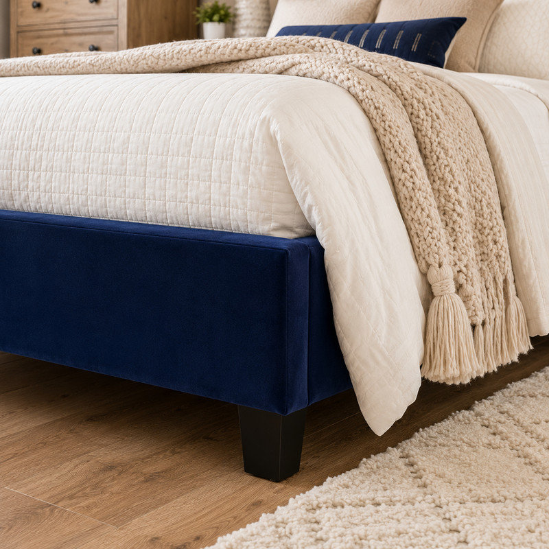 Lit rembourré avec tête de lit capitonnée à boutons, Grand lit, Navy