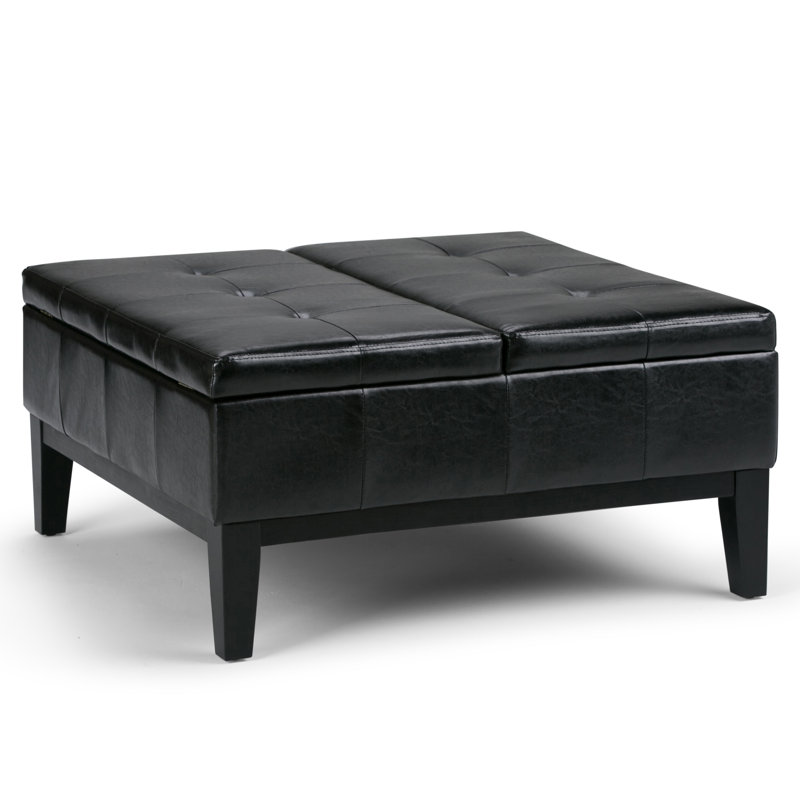Dover 36"W Upholstered Vegan Leather Contemporary Square Coffee Table Storage Ottoman with Split Lift-Top, Midnight Black