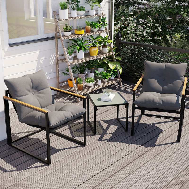 3 Pieces Outdoor Metal Conversation Patio Furniture Sets for Apartment (Gray) with Cushions For Balcony,Backyard, Garden, Porch, Poolside
