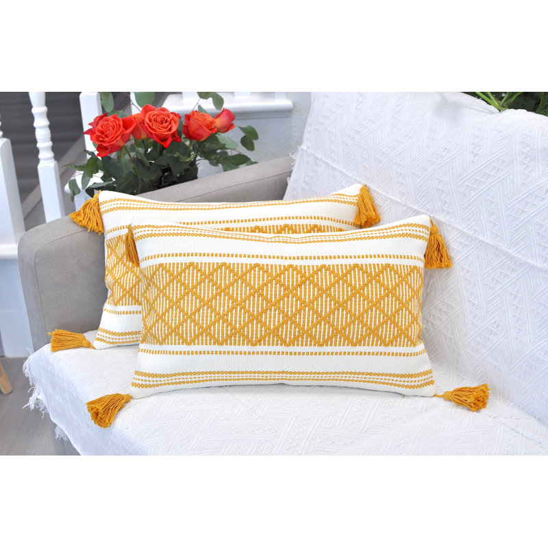  Boho Lumbar Pillow Covers With Tassels, Outdoor/ Indoor Cotton Woven Rectangular Pillowcases, Yellow Geometric
