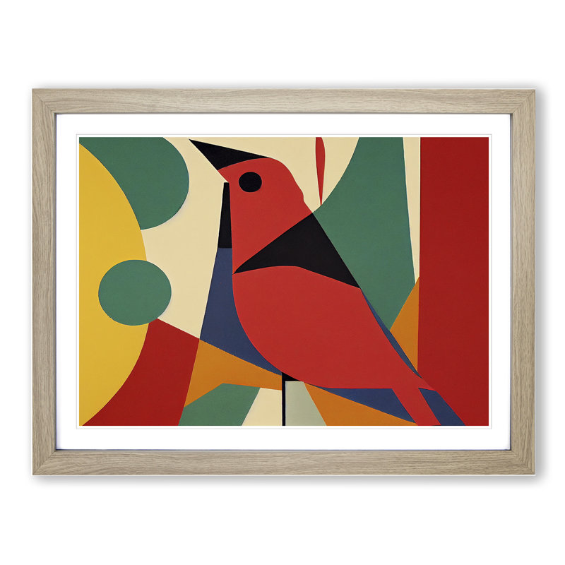 Cardinal Bird Abstract Vol.1 1 Piece Single Picture Frame Wall Art, 46cm H x 64cm W x 2cm D, Oak