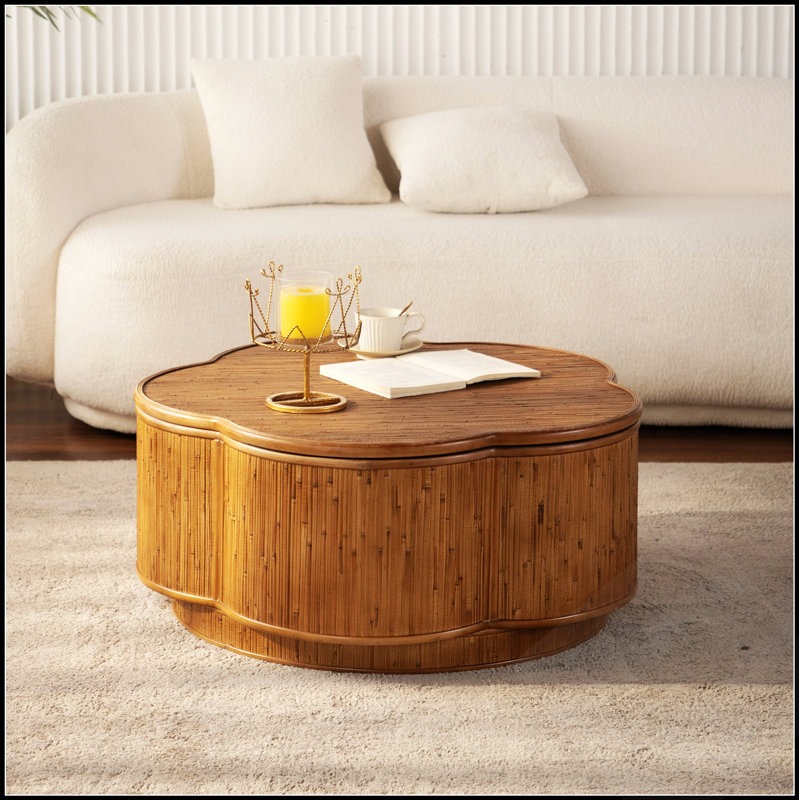 Table basse en rotin en forme de fleur avec couvercle de rangement amovible, style bohème chic, parfaite pour les salons douillets et les petits espaces.