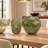 Set of 2 Handblown Glass Table Vases, Sea Green with Light Brown Abstract Design