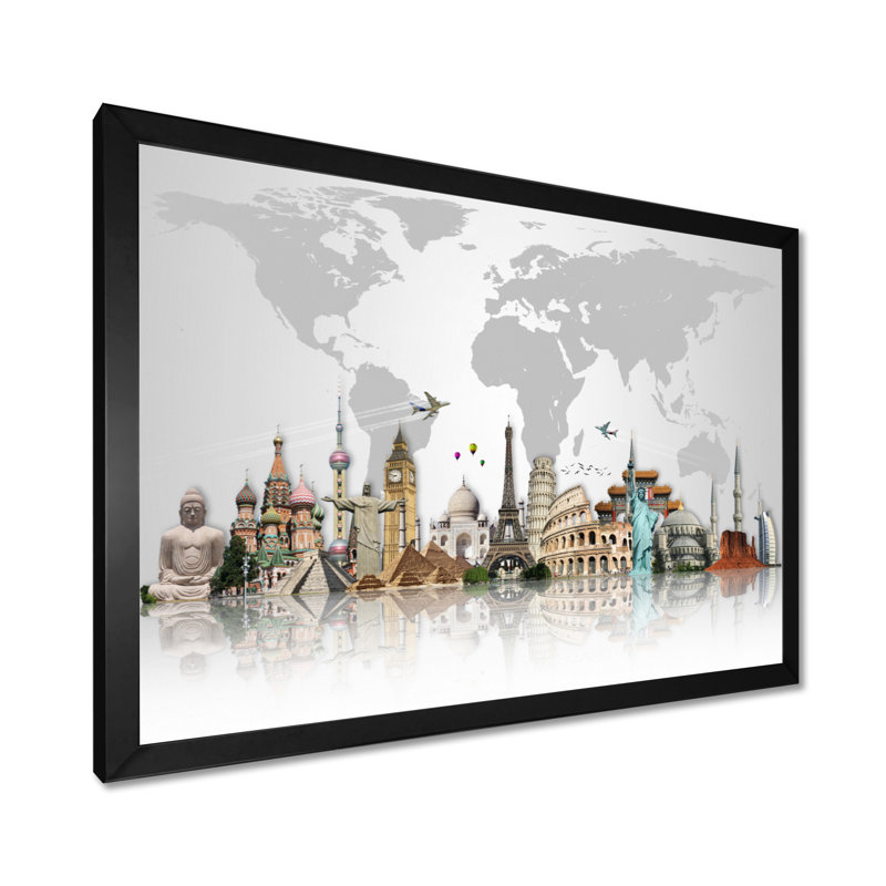 « Famous Monuments Across World », reproduction d'art graphique, H 16 po x l 32 po, Impression encadrée, Noir