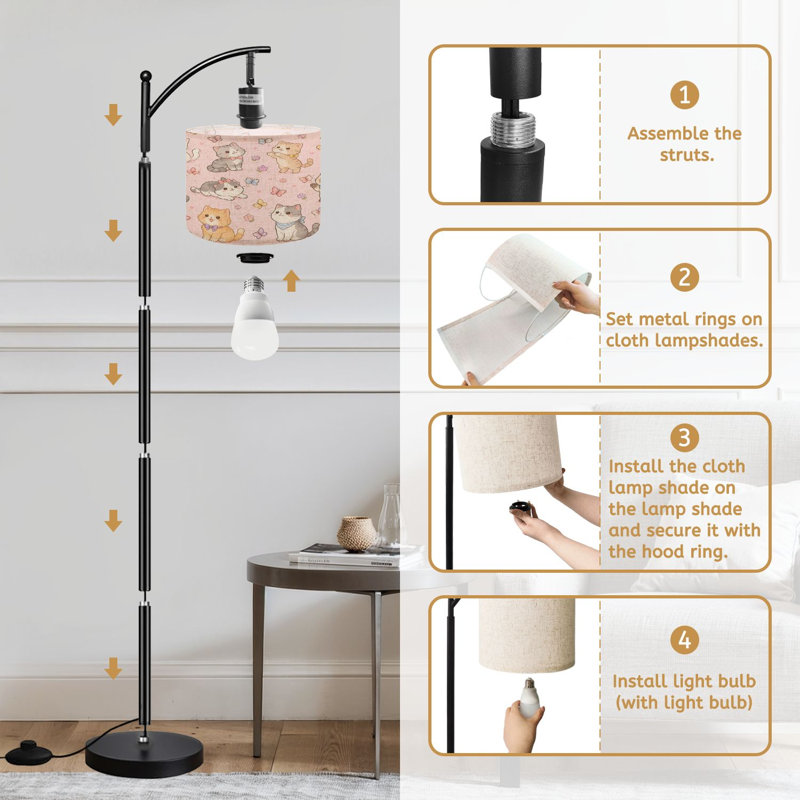 PeeNoke Arc Floor Lamp Seamless Cartoon Cat Butterfly Design Light Pink Tall Modern Standing Lamp LED Adjustable Linen Lampshade 3 Color Temperatures