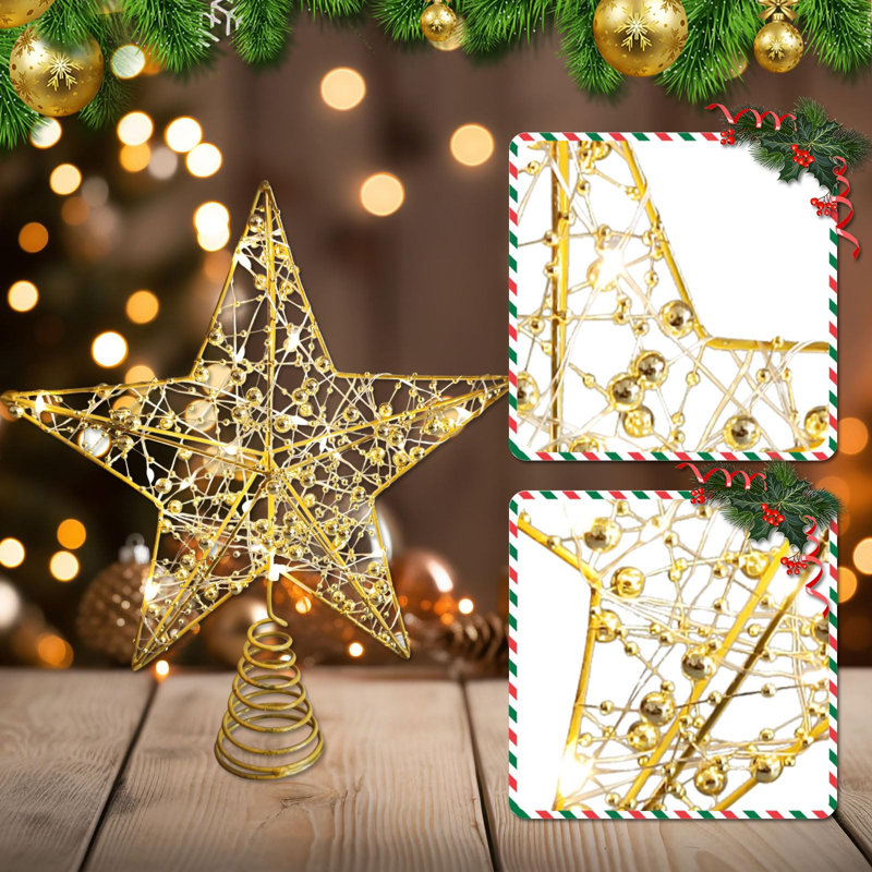 Christmas Tree Topper 10" Golden Glittered Star Tree Topper with 20 LED Lights