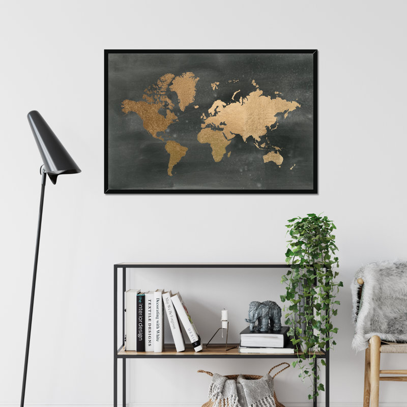 Gold World Map On Black Wash by Jennifer Goldberger - Print, 65cm H x 95cm W, Black Framed Paper Print