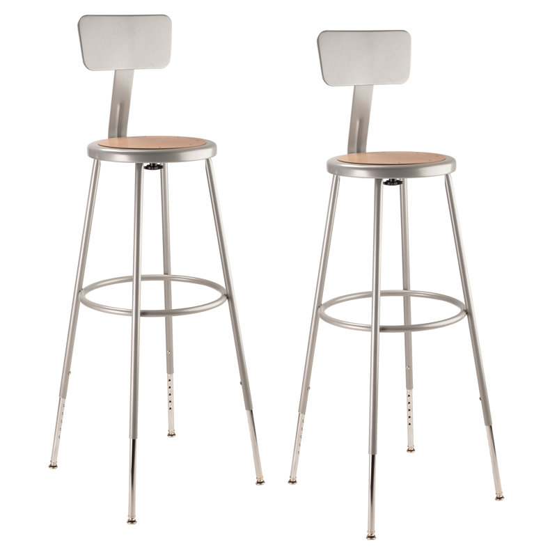 Adjustable Gray Metal Lab Stools with Wood Seats, Set of 2