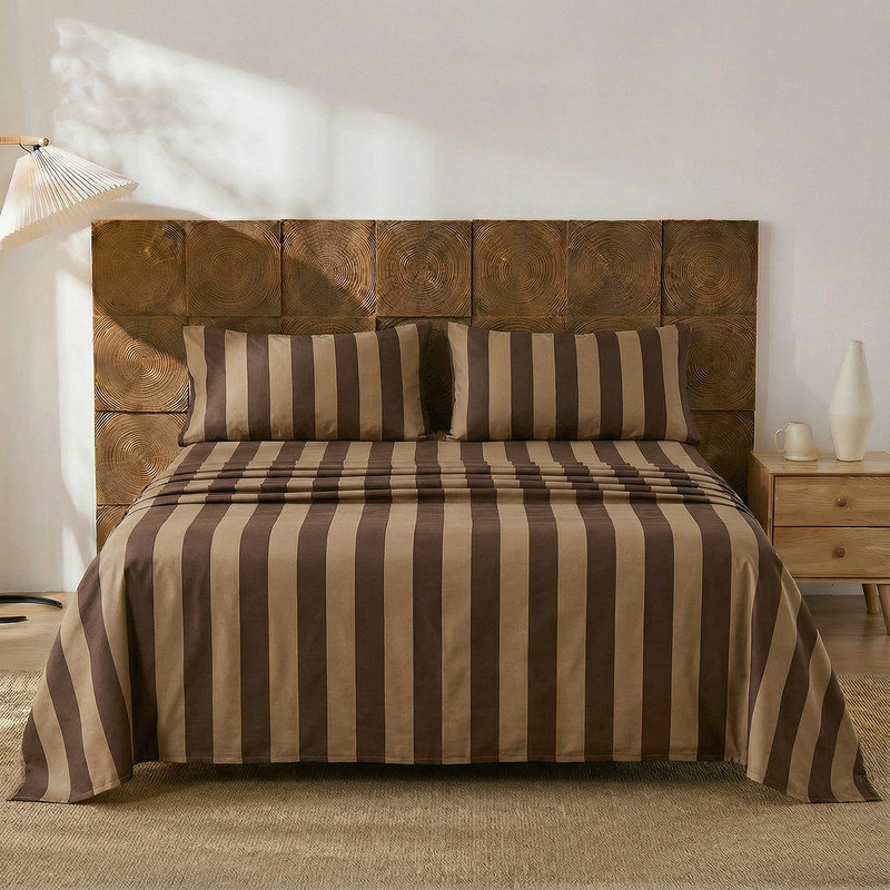 100% Cotton Sheet Set Full Size - Brown and Khaki Stripes Bedding, Soft Breathable Percale Weave, Wide Stripe Deep Pocket Sheet 17.5", Luxury Linen Like, 4-Piece All Season Bedding