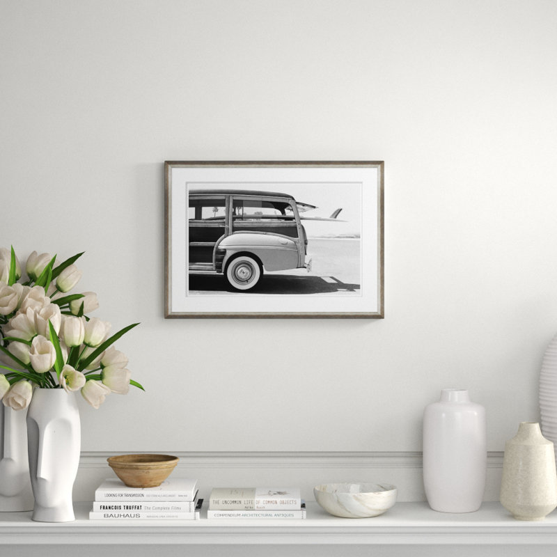Old Woodie Station Wagon with Surfboard Framed