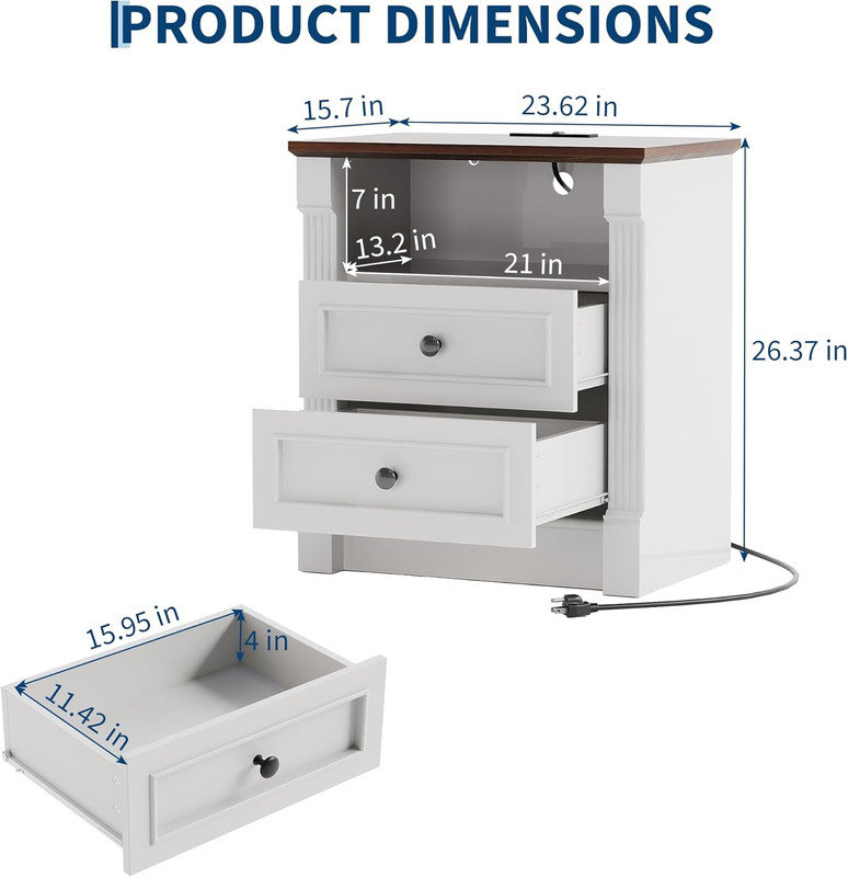 2pcs 23.6” Farmhouse Nightstand with Charging & 2 Drawers – Rustic Wood Bedside Table, Roman Column Design, End Table for Bedroom, Living Room, White