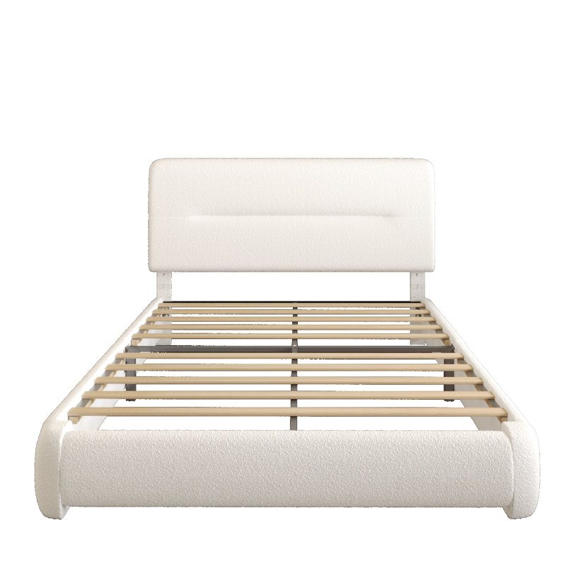 Haden Lambswool Boucle Upholstered Platform Bed Frame with Adjustable Headboard, Queen, White