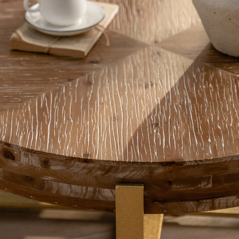 Table basse ronde rétro avec plateau en bois de sapin et pieds croisés, 13.38" H x 31.29" W x 31.29" D, Walnut / Gold