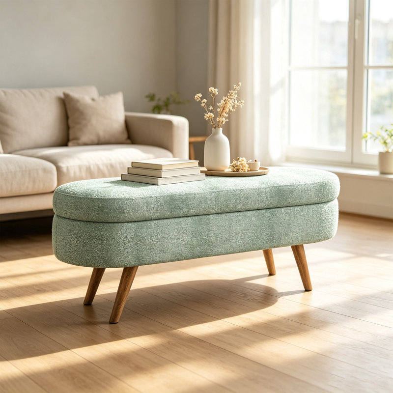 Banc de rangement ovale avec repose-pieds en bois d'hévéa, Tissu Cyan Loop