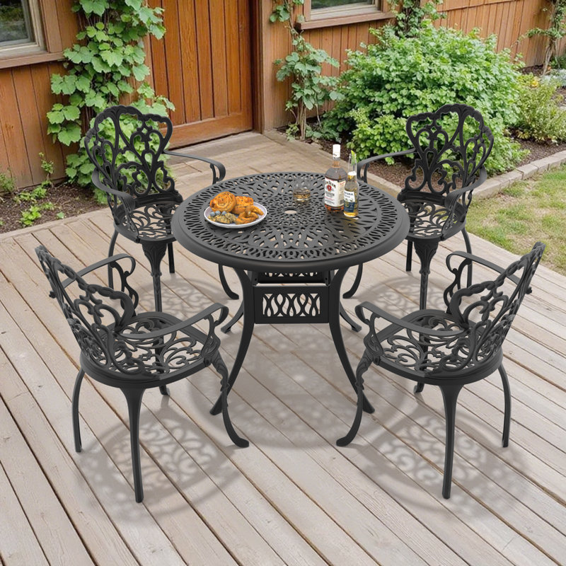 5-Piece Patio 35.43" Round Dining Set with Umbrella Hole, 5 Armchairs with Beige Cushions, 22.05'' D x 21.65'' W x 35.83'' H