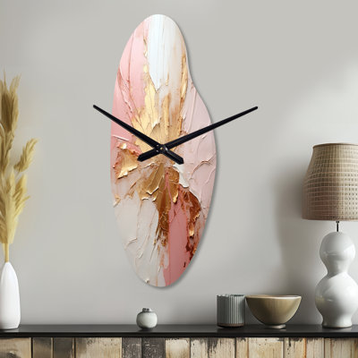 Gold And Pink Paint Fusion - Abstract Painting Curved Metal Wall Clock, Modern Asymmetrical Wall Clock Print