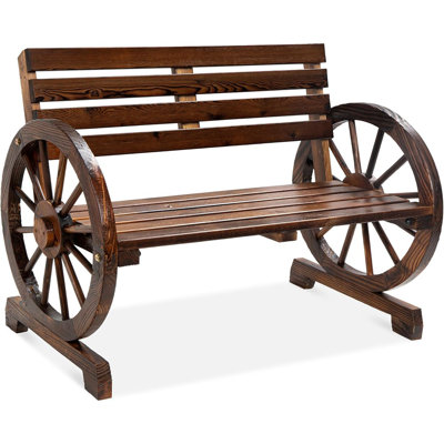 2-Person Wooden Wagon Wheel Bench For Backyard, Patio, Porch, Garden, Outdoor Lounge Furniture W/Rustic Country Design, Slatted Seat And Backrest - Brown