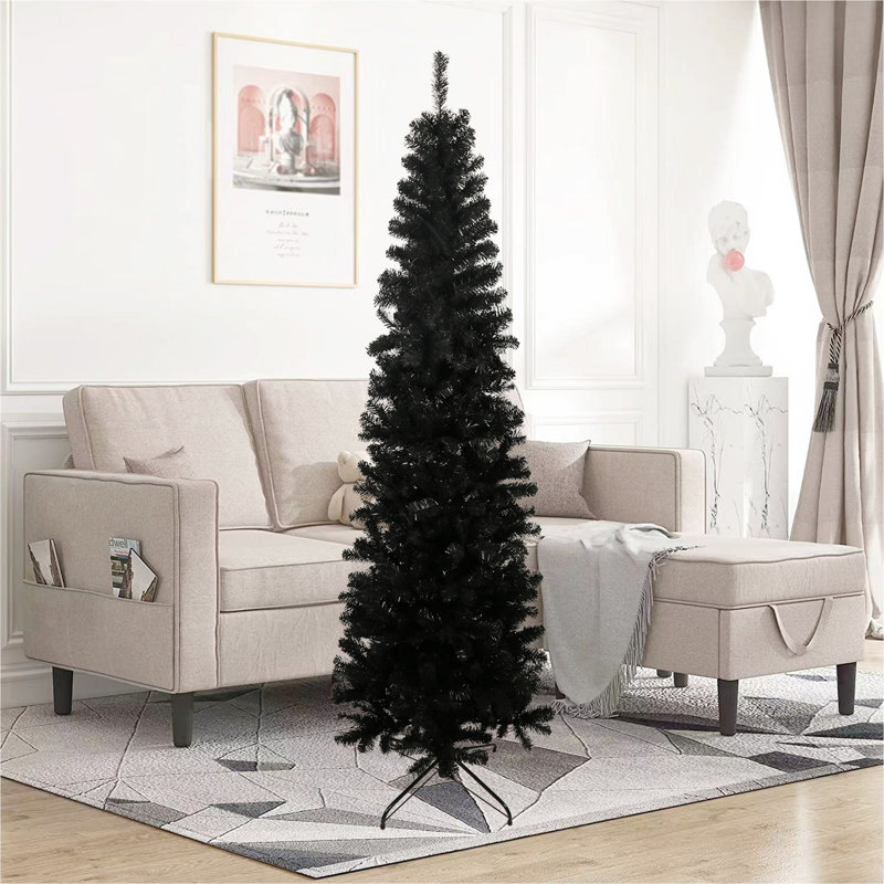 Arbre de Noël artificiel noir 7,5 pi avec support pliable en métal