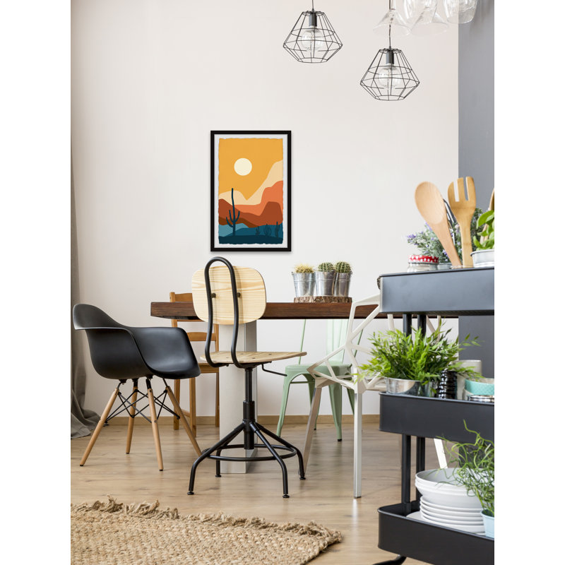 Desert Landscape Print with Cacti and Sun in Black Frame