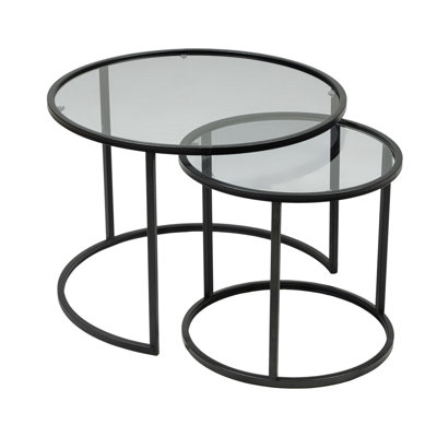 Modern Coffee Table Set (2 Pieces), Black Tempered Glass & Metal Frame | Small Table: 16.5 x 15.4 x 16.5 inches, Large Table: 23.6 x 17.0 x 23.6 inches | Durable, Stylish Design for Living Room & Office Décor