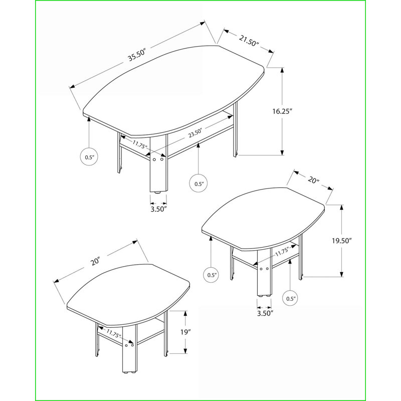 Ensemble de tables basses en noyer stratifié avec 2 tables de bout - salon transitionnel, peu encombrant et amp; Coffre-fort Kid-Pet