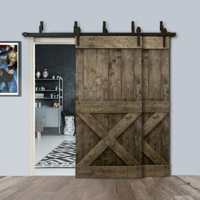 Porte de grange à double bricolage avec panneau coulissant en bois teinté Mini X Series