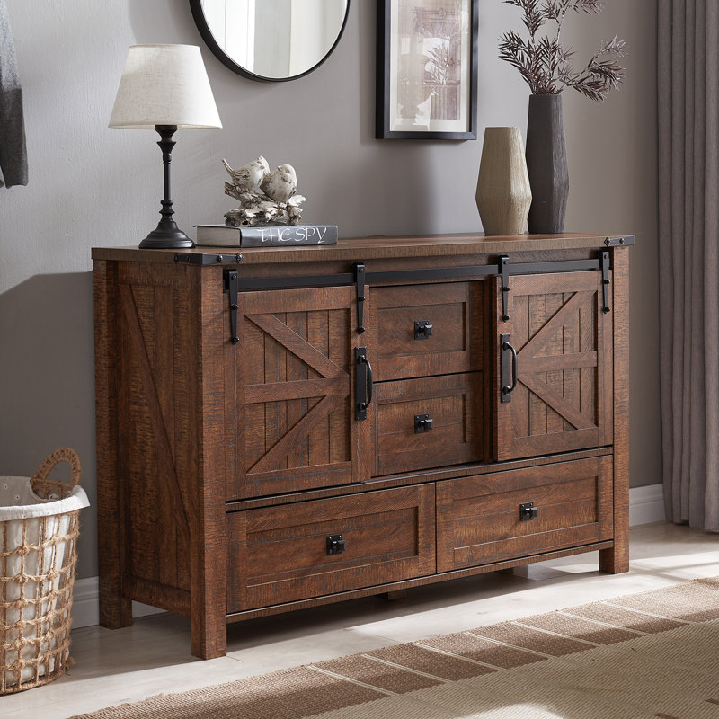 Terramuggus 48"W Farmhouse Chest of Drawers, Bedroom Dresser with 4 Drawers & Sliding Barn Doors, Reclaimed Barnwood
