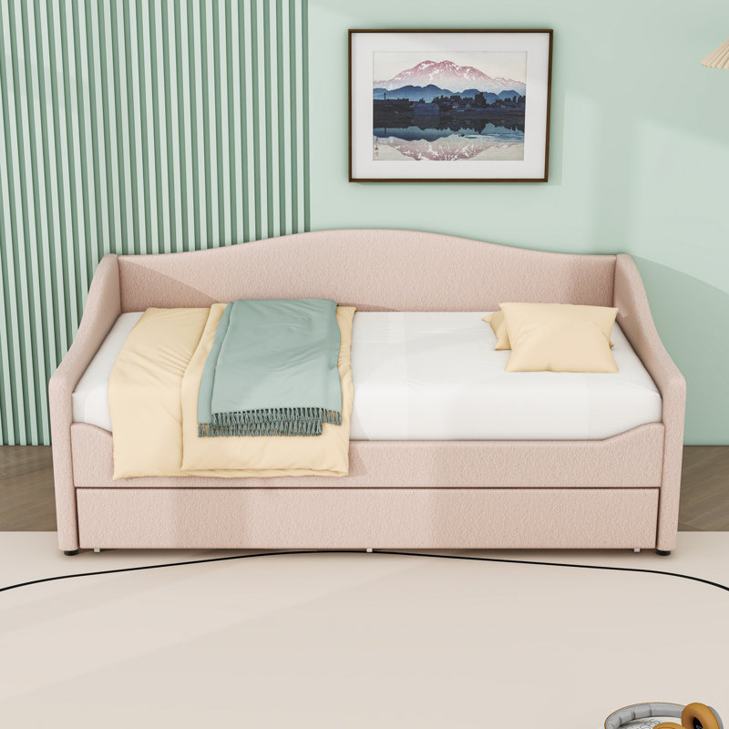 Upholstered Daybed with Trundle and LED Lights, Beige, Twin