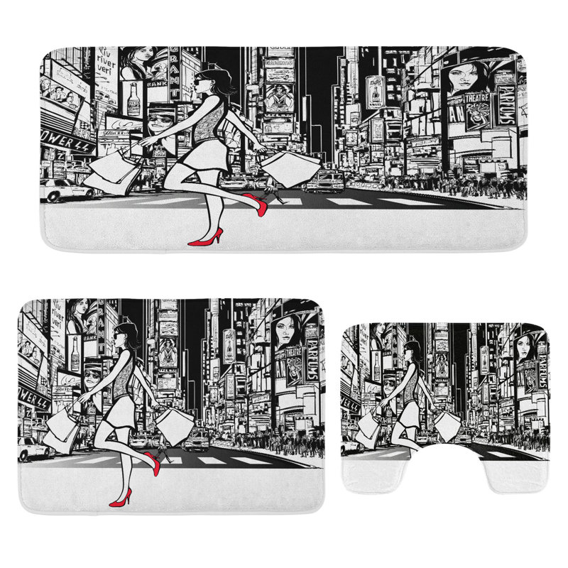  Ensemble de tapis de salle de bain noir et blanc 3 pièces en U et tapis rectangulaires noir et blanc