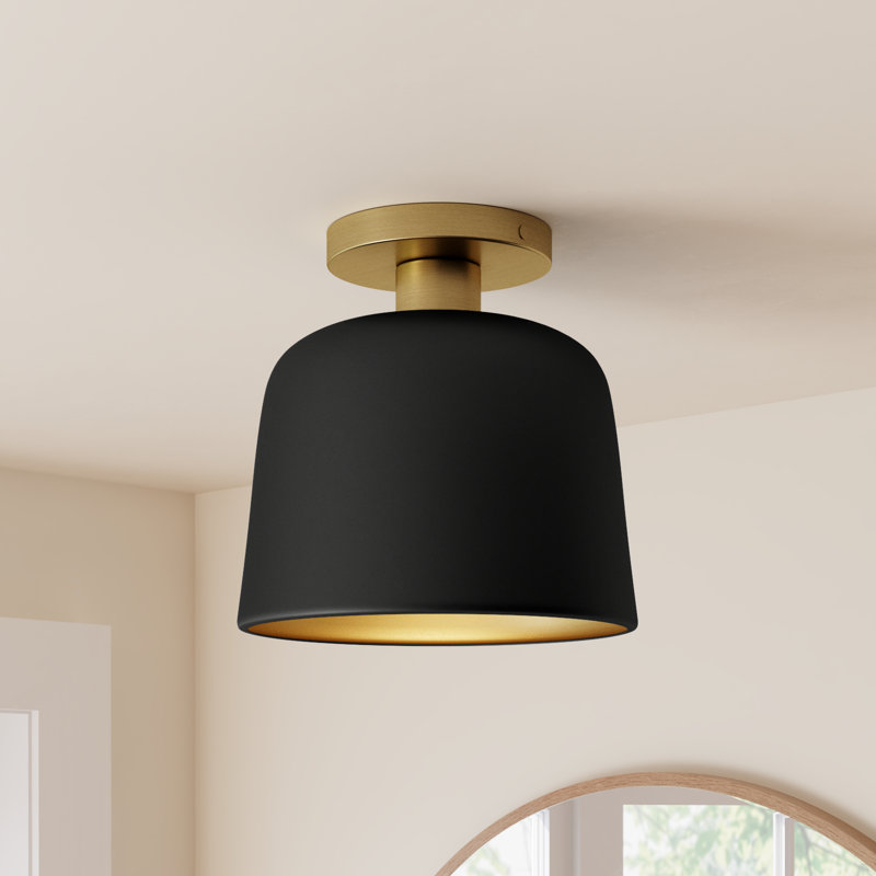 Che 1-Light Dimmable Metal Semi Flush Mount, Natural Brass, Black
