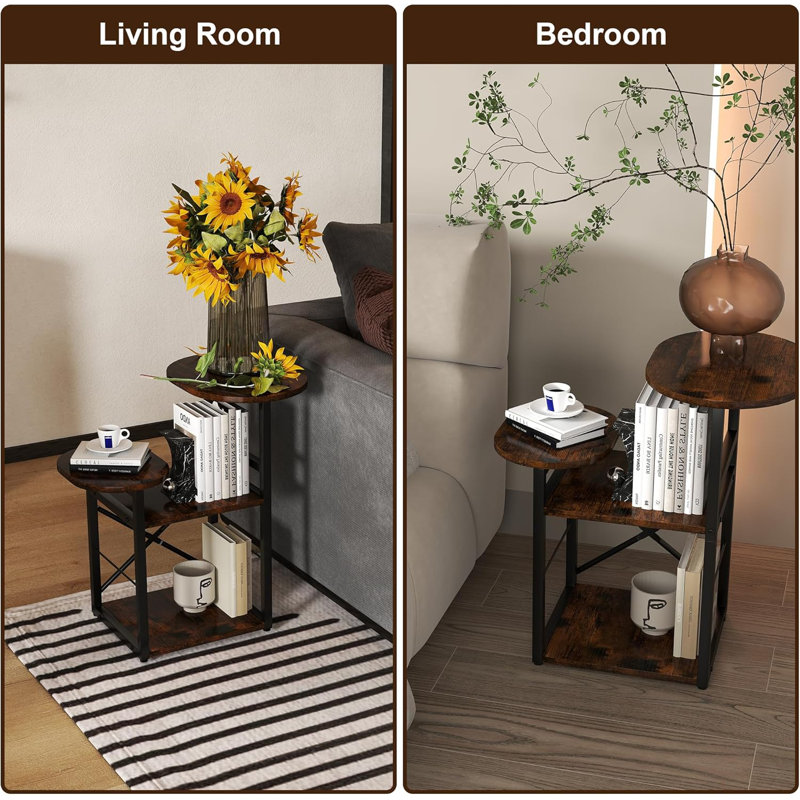Small Bedside Table With Removable Cat Condo, Flip Top Side Table With 3-Tiered Storage Shelves, Round Side Table, For Living Room, Bedroom, Rustic Brown And Classic