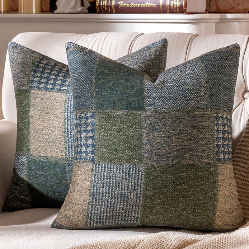 Set Of 2 Throw Pillow Covers Woolen Patchwork Fa..., Blue/Brown Checkered